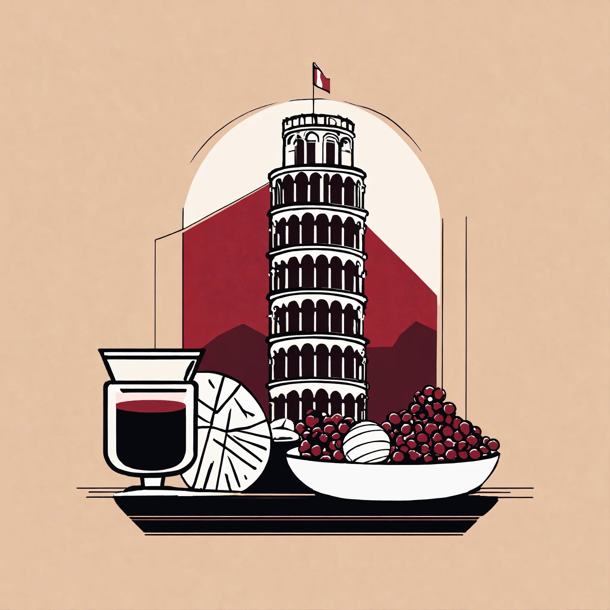 image of pisa tower, with italian elemnts like brean and wine